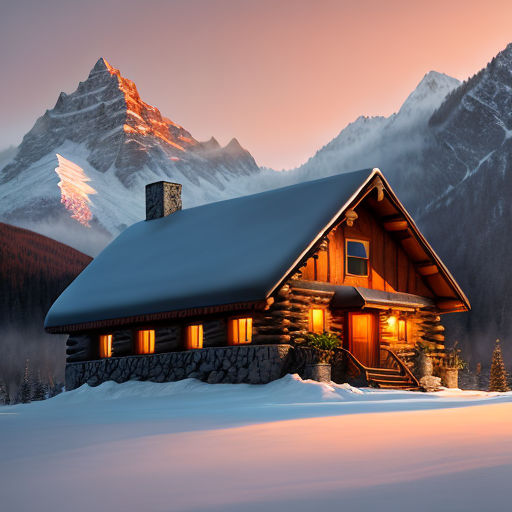 log cabin in the snowy mountains