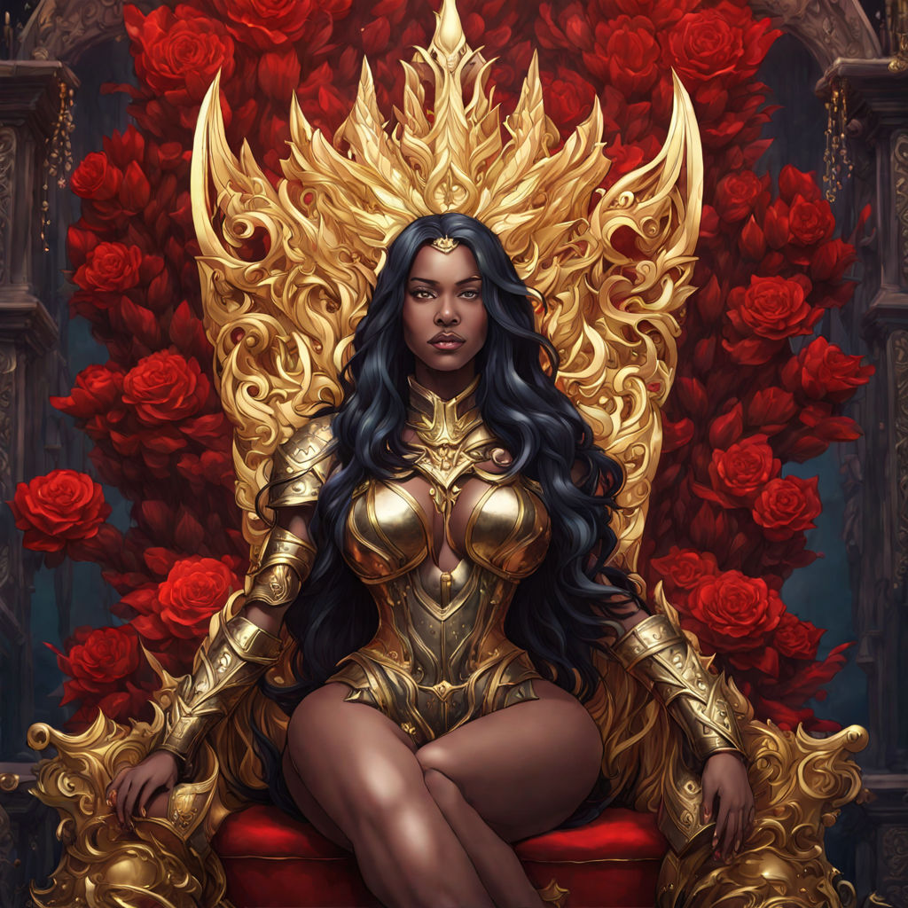 Anime illustration of a black woman with elf ears and fangs sitting on a  throne of skulls - Playground