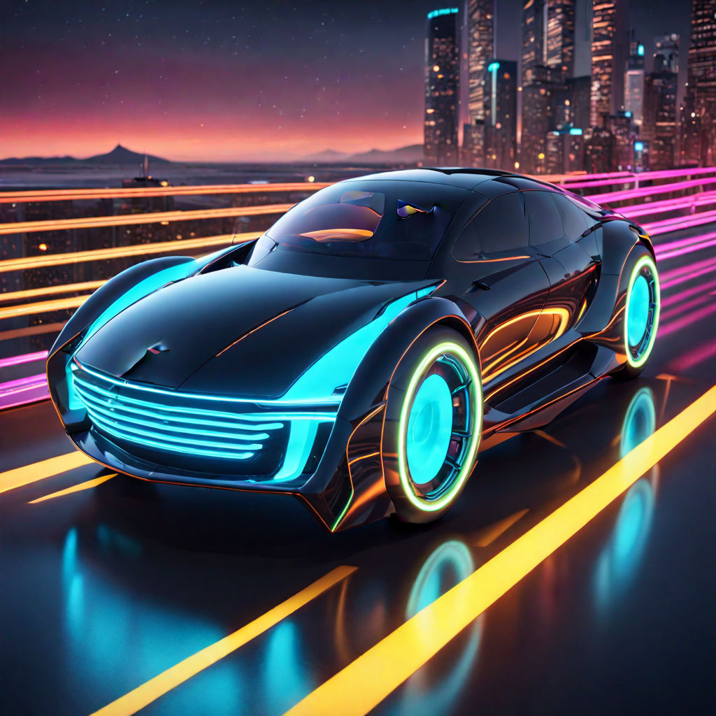 3D render of A futuristic purple neon racing car sits on a wet garage  surface with bright blue neon stripes. Fantastic scene in cyberpunk style.  3D illustration Stock Illustration