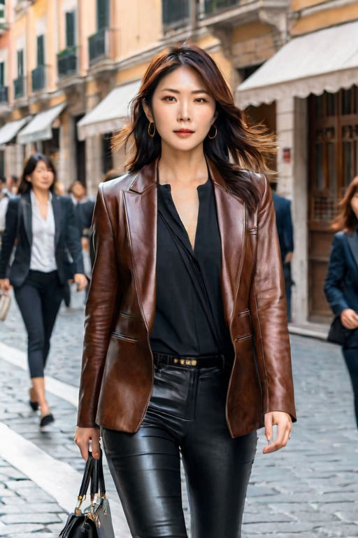 dons a striking two-piece leather outfit that bares her stomach