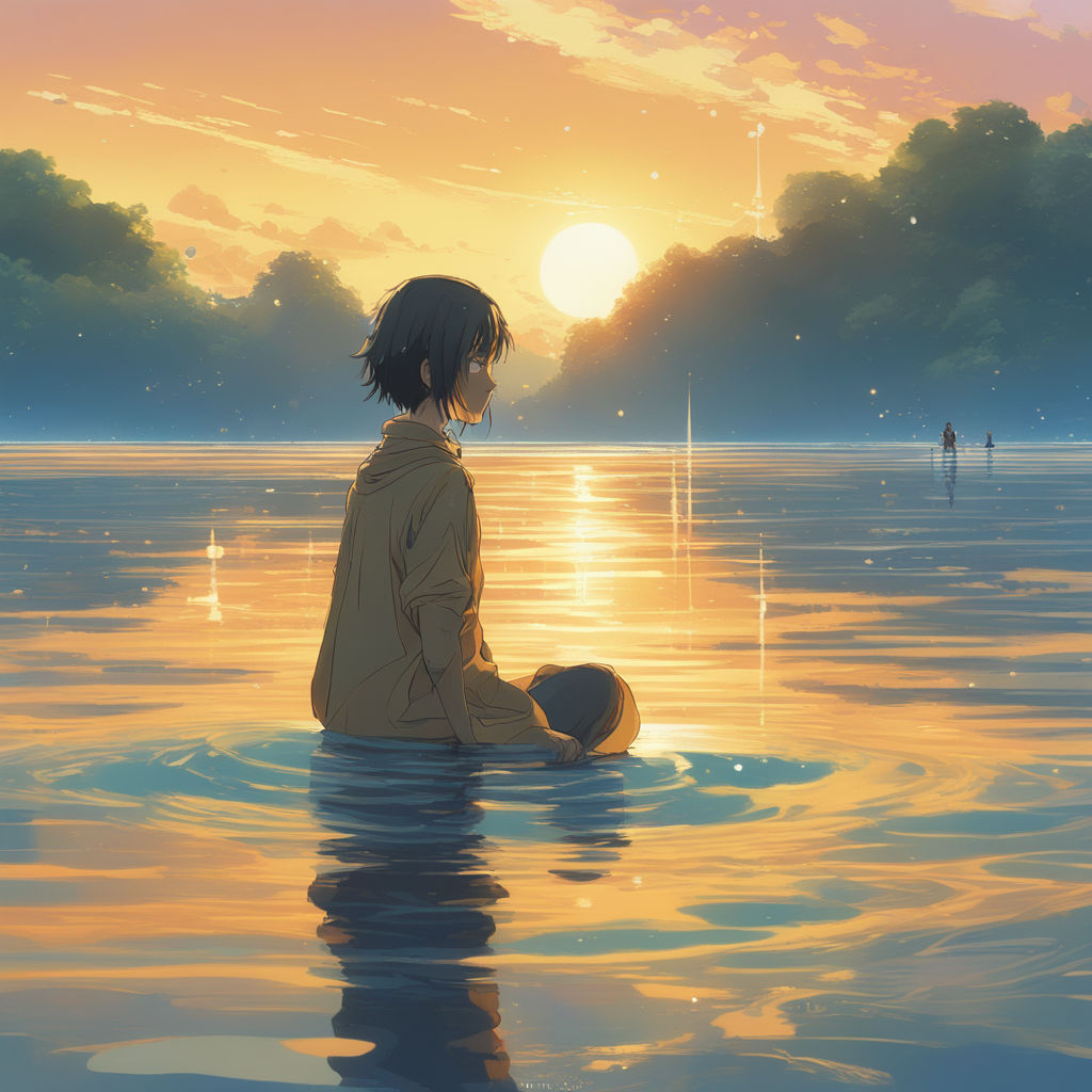 with a lavender and pink sky above. A gentle stream below reflects the  cat's silhouette. Render the scene in the detailed and emotive style of  anime artist Makoto Shinkai. - Playground