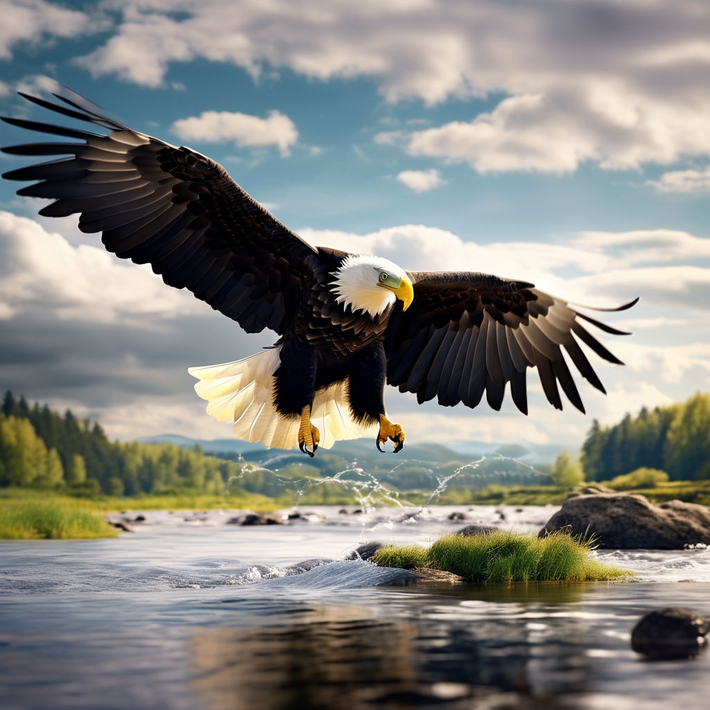 bald eagle with outstretched wings. Make him holding a navy blue placard in  his talons that says USA on it.