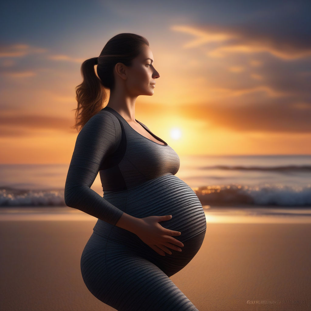 Pregnant woman with a supersized pregnant belly wearing a tight fitting yoga  suit and posing on a beach at sunset. - Playground