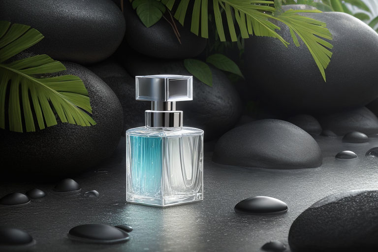 Modern glass men perfume bottle among black rocks in the rain