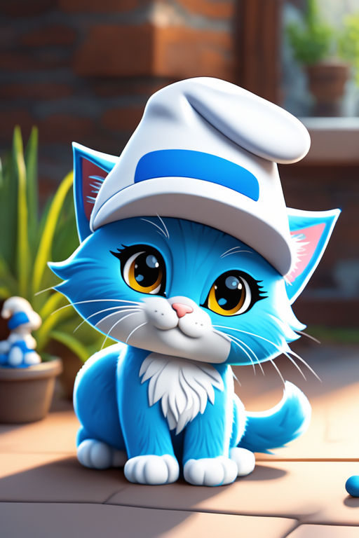 smurf cat, blue cat, cute cartoon blue kitten in a cap