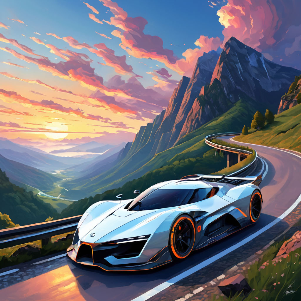 Sports Car In A Futuristic Mountain Sunset Wallpaper 8K