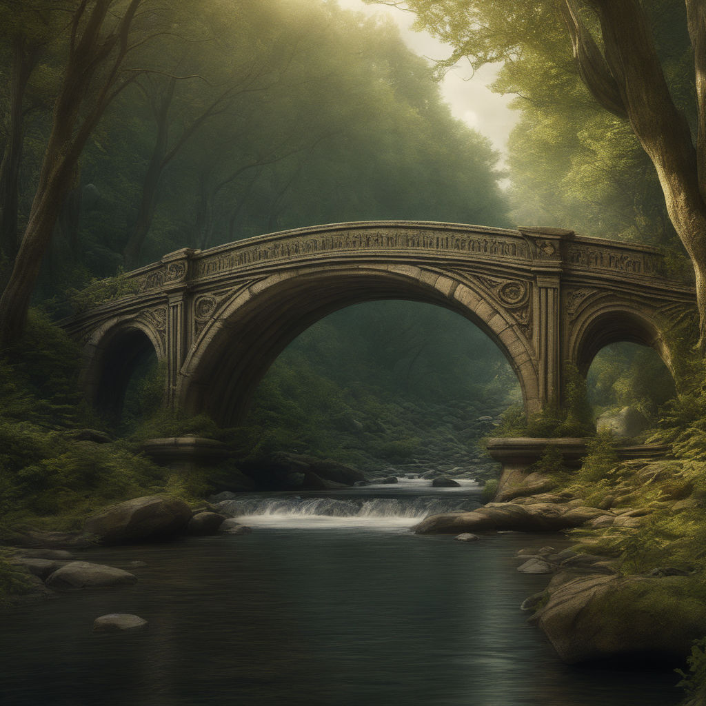 A stone arch bridge carved fences with ivvy over a stream in the forest/