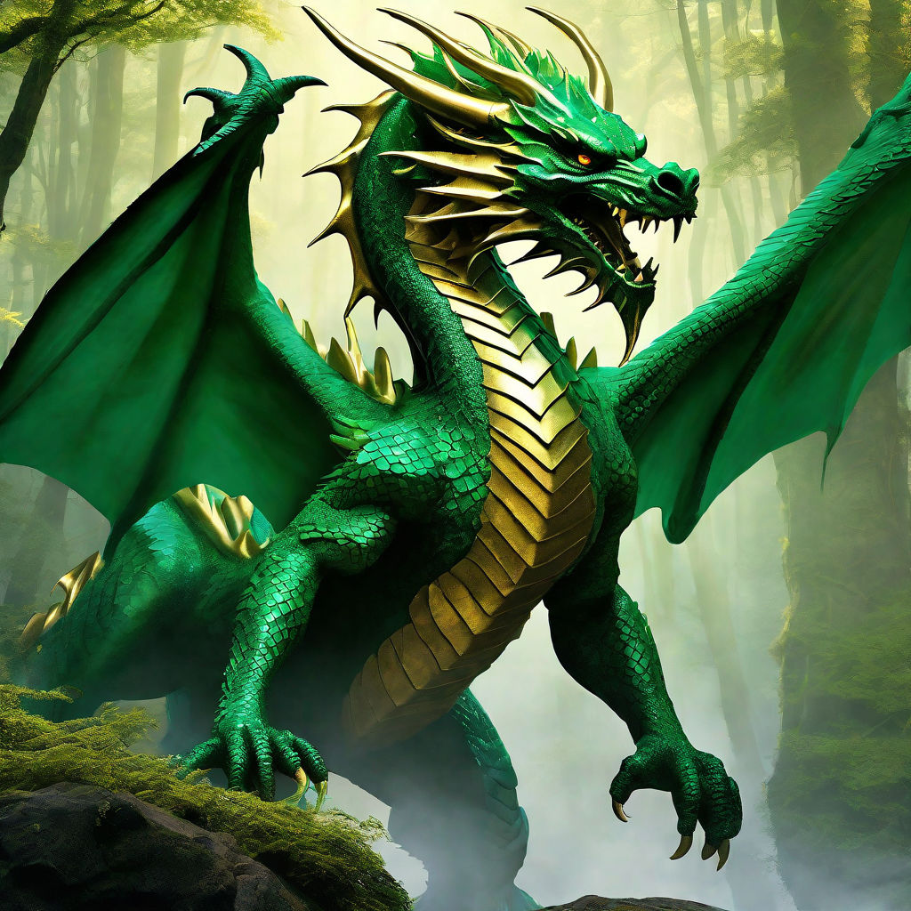 Green Dragon in the cave, the lord of dragons, has good platinum scales,  bright eyes, and is surrounded by dazzling gold and green lights.  generative ai Stock Illustration