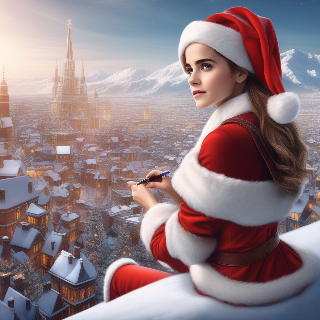 Prompt: Giantess emma watson santa over tiny christmas city, ultra hd, realistic, vivid colors, highly detailed, UHD drawing, pen and ink, perfect composition, beautiful detailed intricate insanely detailed octane render trending on artstation, 8k artistic photography, photorealistic concept art, soft natural volumetric cinematic perfect light