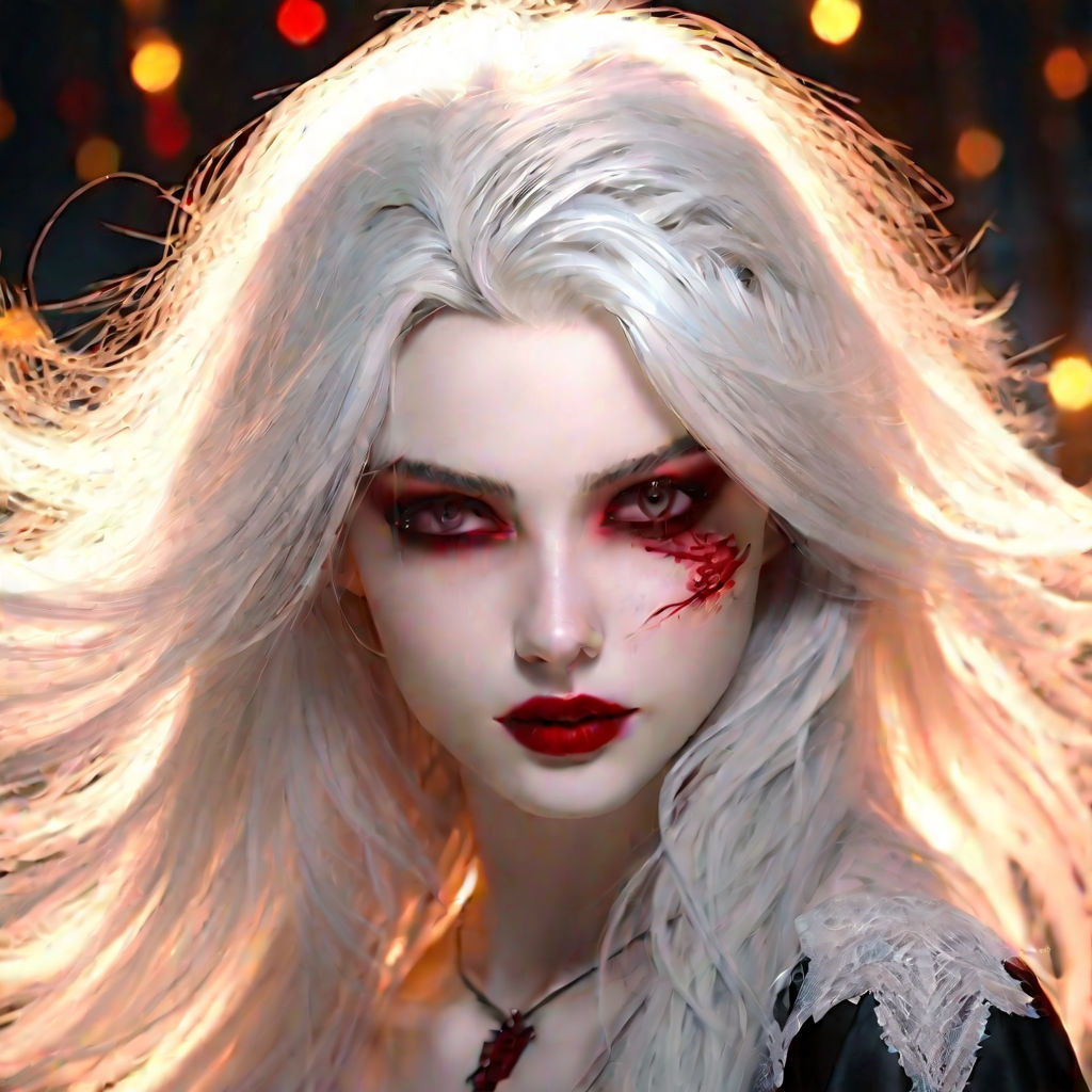 busty female vampire, white hair with red streak of hair in fringe