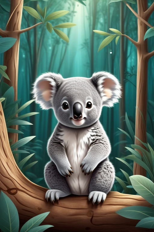 koala eats eucalyptus. fluffy koala fur and expressive eyes create a  touching image. Forest detailed background. 32K - Playground