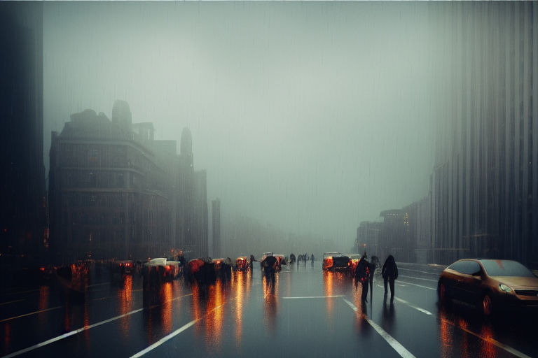 Prompt: rainy day, buildings, grey sky, people going to work, light,  cloudy, raining, city, big raindrops, , epic royal background, big royal uncropped crown, royal jewelry, robotic, nature, full shot, symmetrical, Greg Rutkowski, Charlie Bowater, Beeple, Unreal 5, hyperrealistic, dynamic lighting, fantasy art