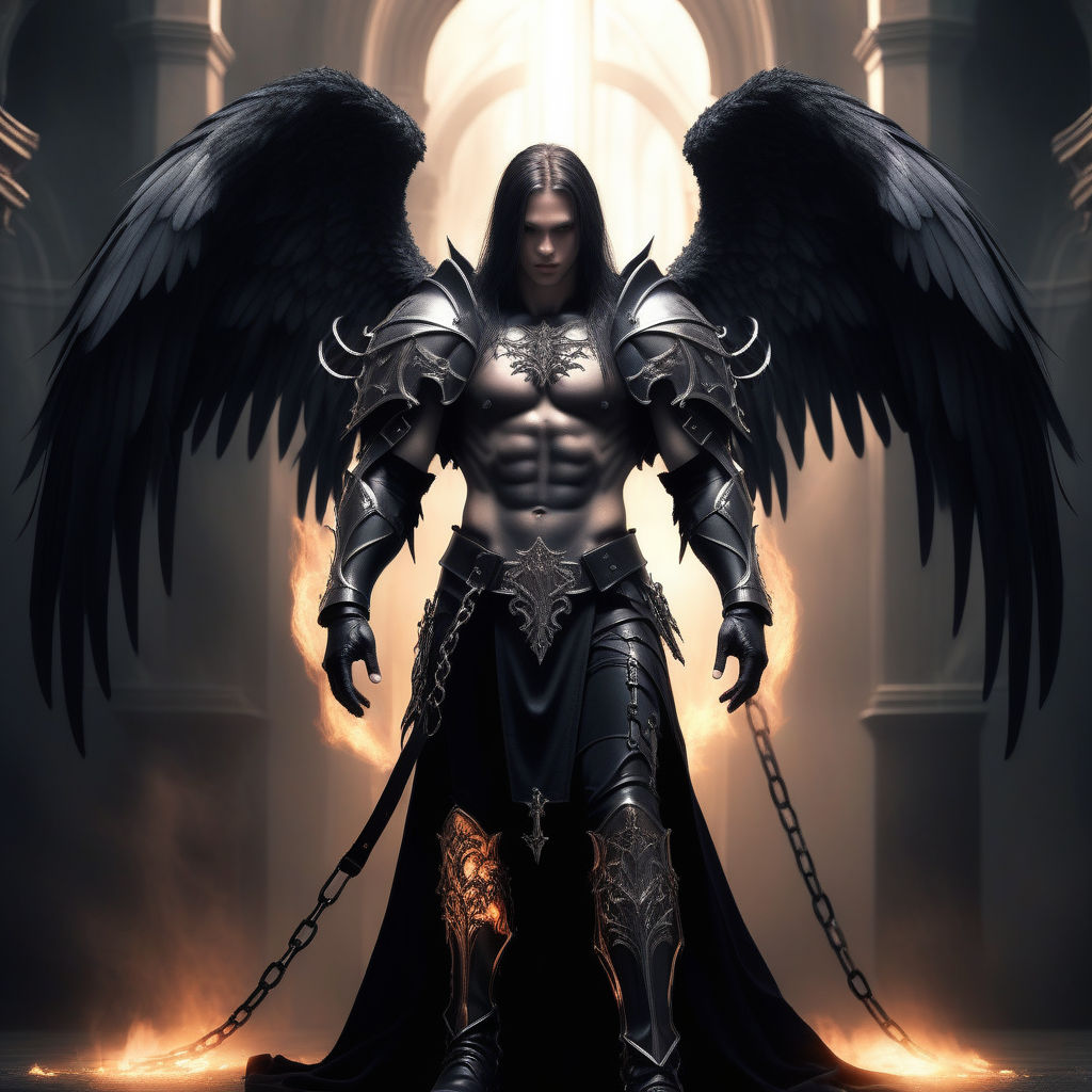 Dark fantasy image of black angel wings descending into abyss on