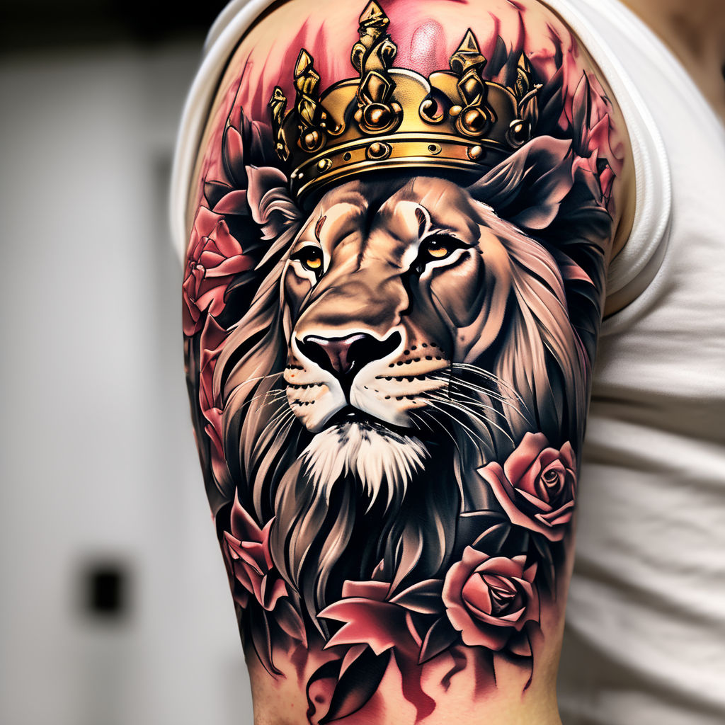 Sweet Sad African Lion Tattoo On Upper Sleeve