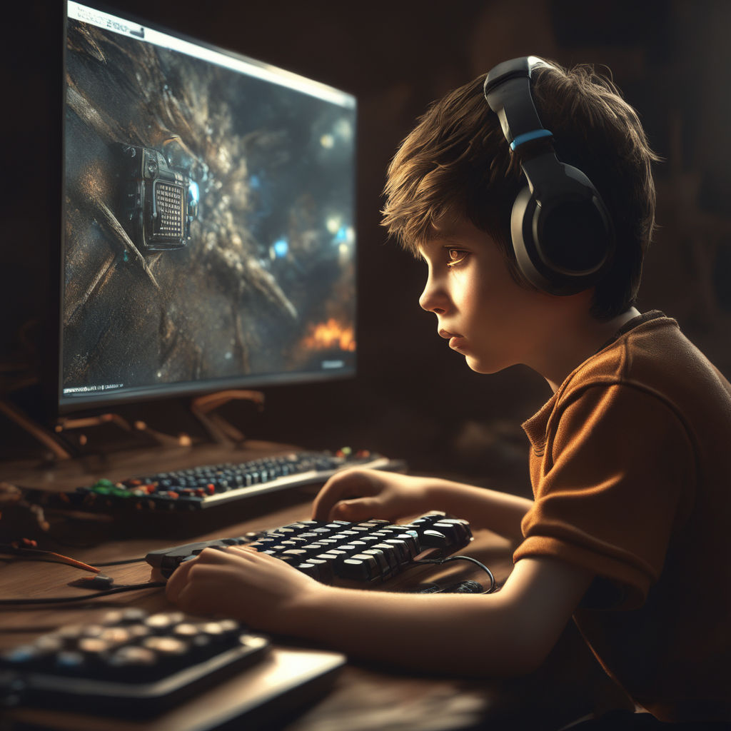 Happy kid boy gamer imagine winning real battle while playing video game on  pc computer. Funny child cartoon character of little boy wearing  headphones. Virtual gaming concept. 3D render Stock Photo by ©