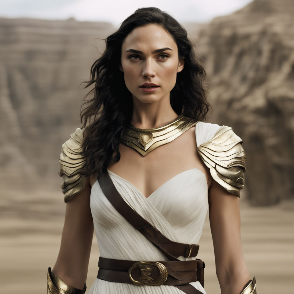 Prompt: A still of gal gadot a beautiful looking off into the distance, wavy long - length black hair, gold collar, white themyscira dress, beautiful brown eyes, medium shot, with a soft, natural light falling on her face. the focus is on her eyes and brows, which are perfectly shaped and well - defined. by annie leibowitz 