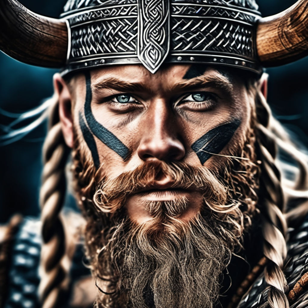 Strong Viking man with bright colored war paint - Playground