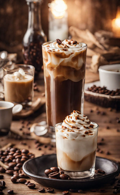 Premium AI Image  Three different drinks in a row with one being a  milkshake and a cup of coffee.