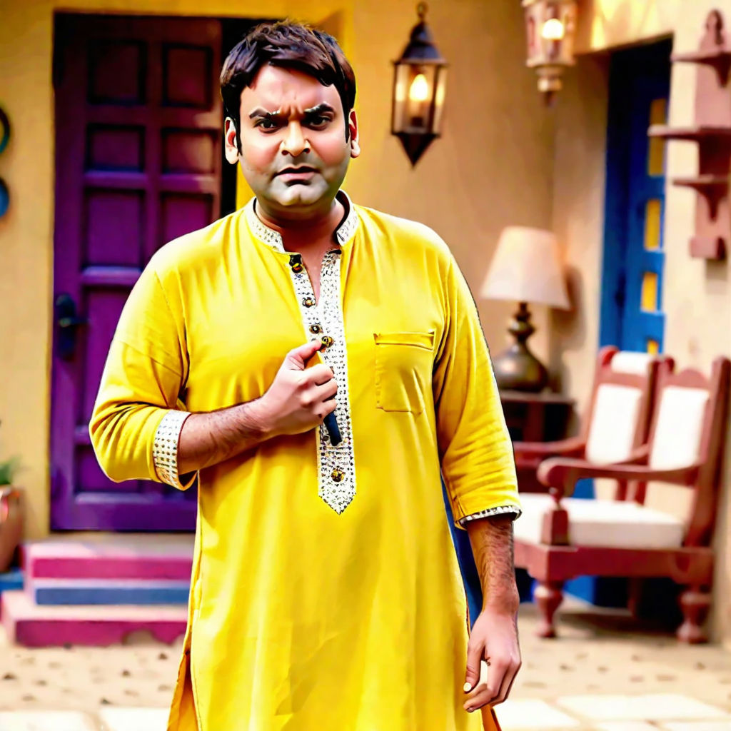 Show Kapil Sharma dressed as a poor villager in a yellow kurta