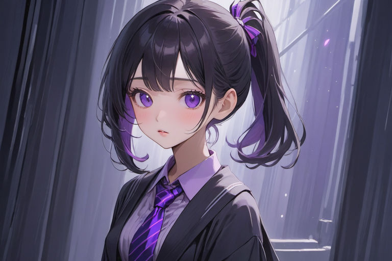 Cute anime girl with long messy black hair and blue-purple eyes