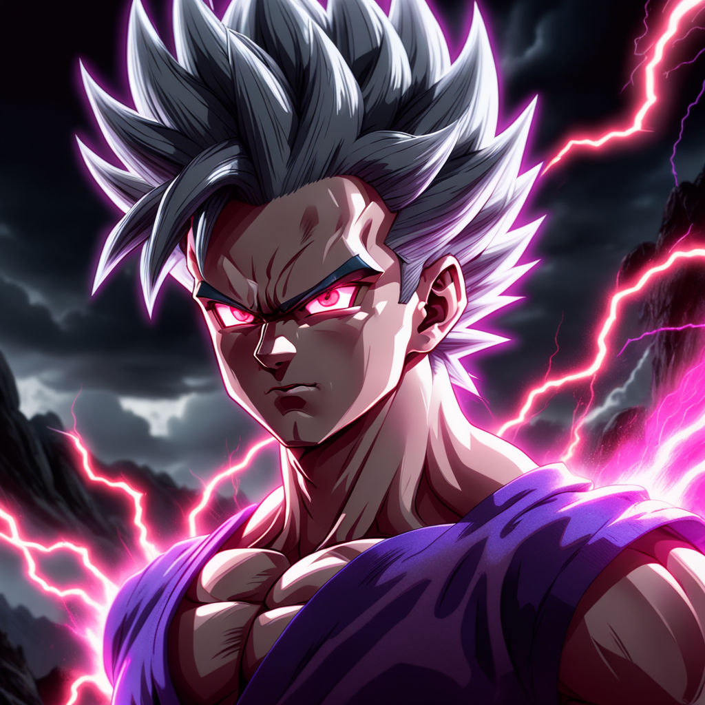 Gogeta ssj5 with purple and silver hair and ultra ego marks on his