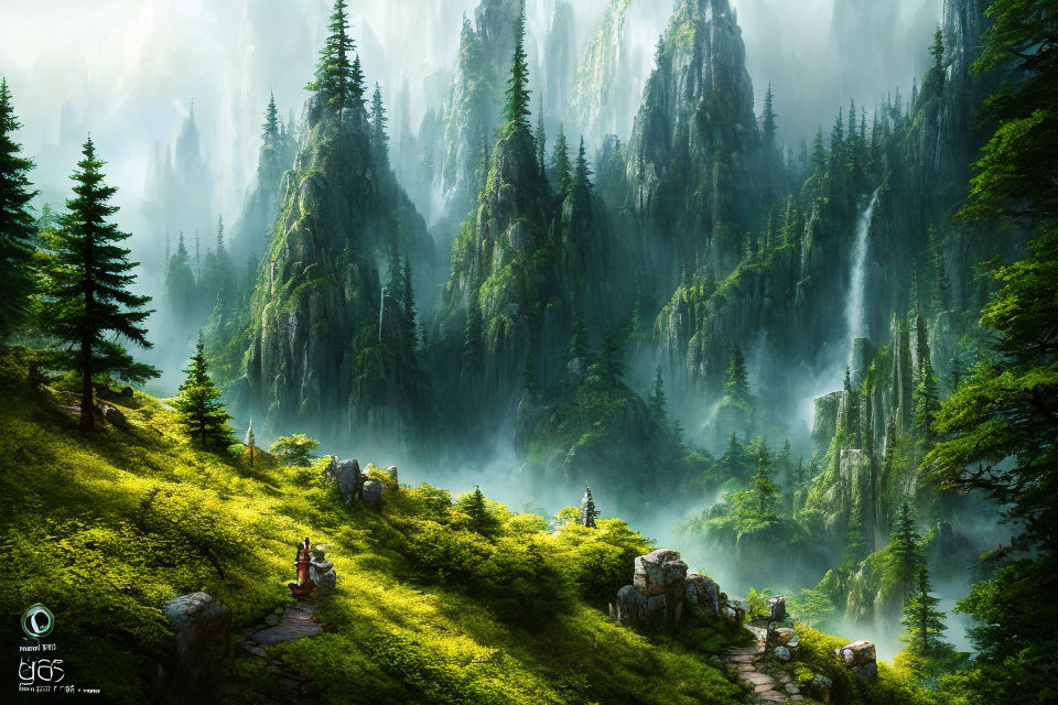 Misty dark green pine forest landscape Wall Mural