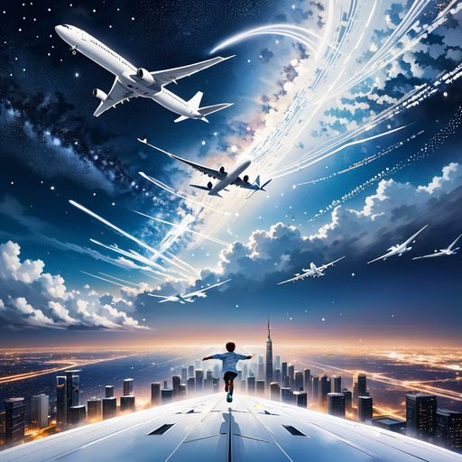 Prompt: in the foreground there is a large white fantastic ((airplane)), patterns on the plane, flying in the clouds over the city of the future, skyscrapers, star constellations, patterns in the sky, large white clouds Gzhel, large stars, an airplane flying through the milky way, a boy running on the ground with arms outstretched, depicts an airplane, artist style Dustin Nguyen, Neil Gaiman, the camera is aimed at her from below, cyberpunk style, neon light, neon signs, high detail, realism, cinematic light, science fiction, spaceships, planets, moon