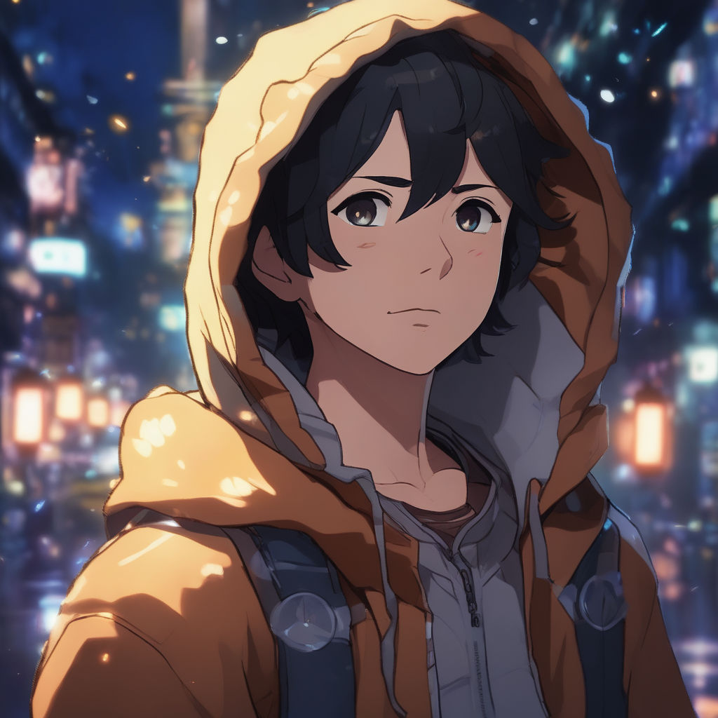 Anime character with dark green hair, black hoodie with purple hood, gray  pants, red shoes. blue eyes. and a male human