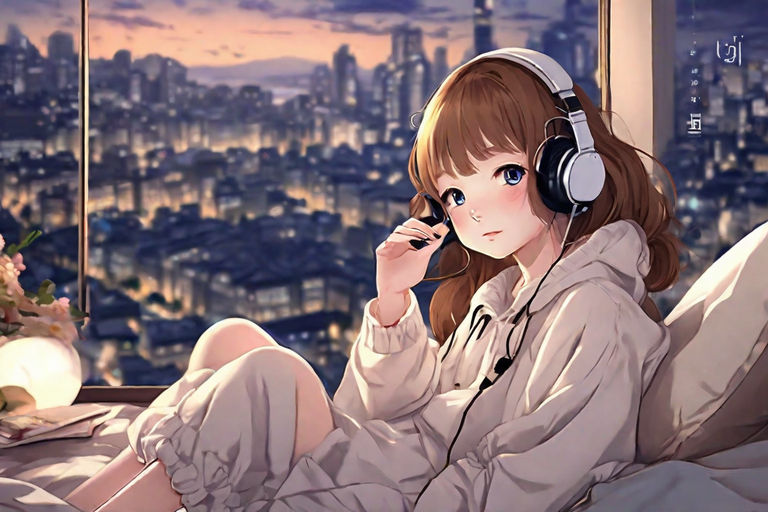 Kawaii Anime Girl Listening to Music · Creative Fabrica