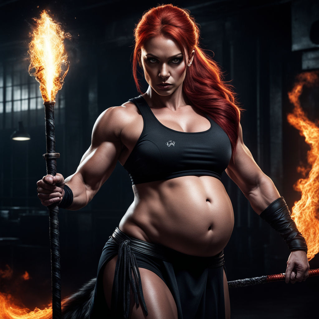 Huge pregnant female supervillain bodybuilder with a supersized pregnant  belly red hair in pony tails and fiery eyes - Playground