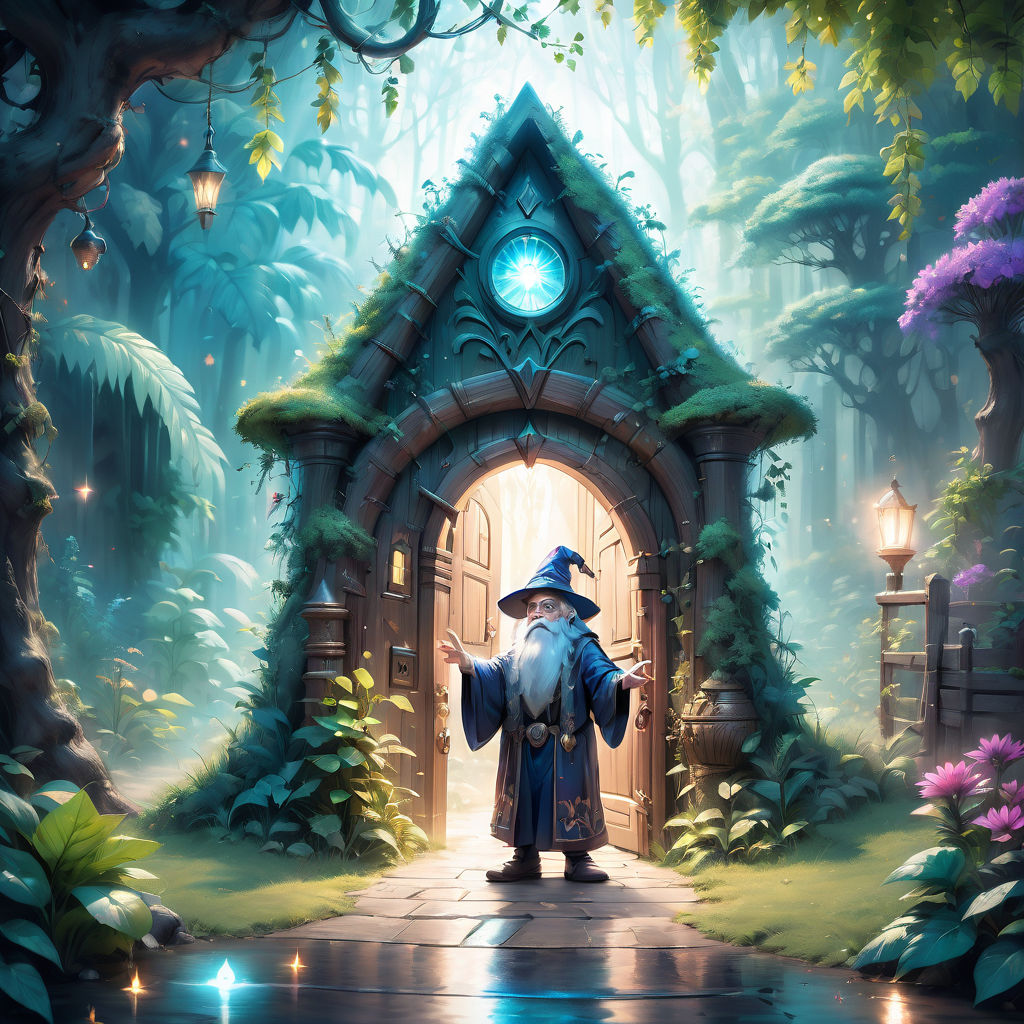 Fantasy fairy tale background. Fantasy enchanted forest with magical  luminous plants, built ancient mighty trees covered with moss, with  beautiful houses, butterflies and fireflies fly in the air. Stock  Illustration