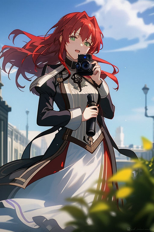 anime girl with red hair and red eyes and sword