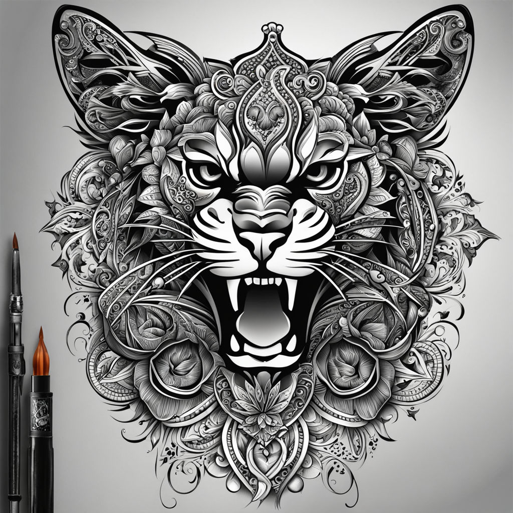 Intricate black and white jaguar roaring tattoo design on Craiyon