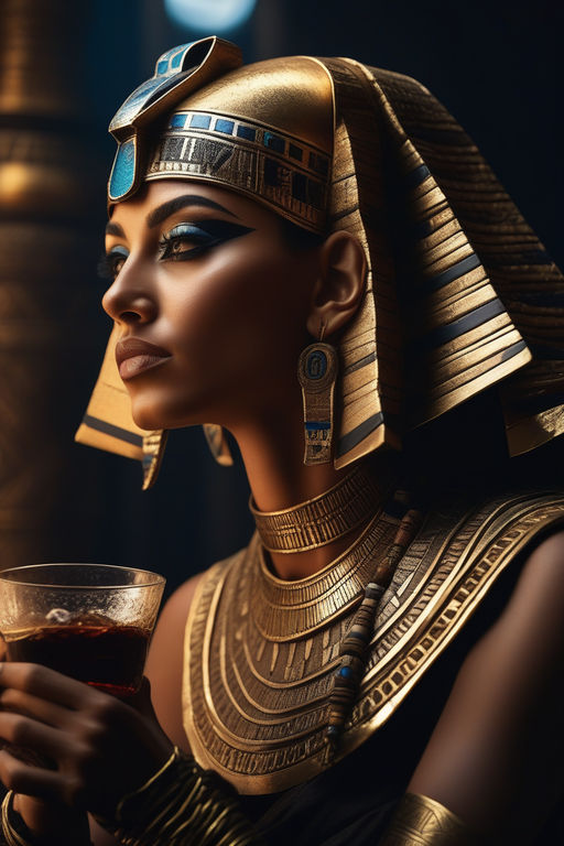 medium shot black Queen Nefertiti on a high place looking down at