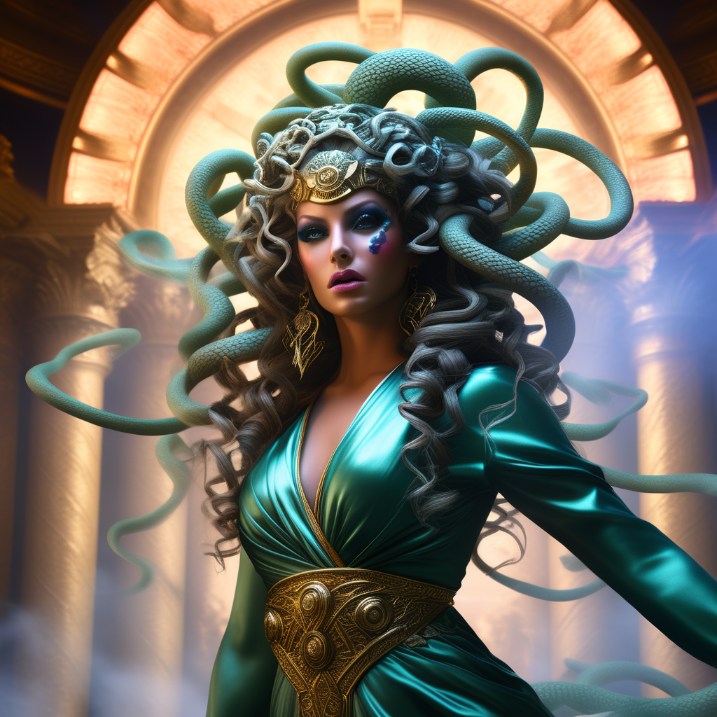 full body shot of Medusa snakes hair goddess. snake skin. fangs. snake  eyes. High detail. intricate. 32k. hyperrealistic. full color. 16 million  colors. HDR. Ancient Greece background. VERY HUGE - Playground