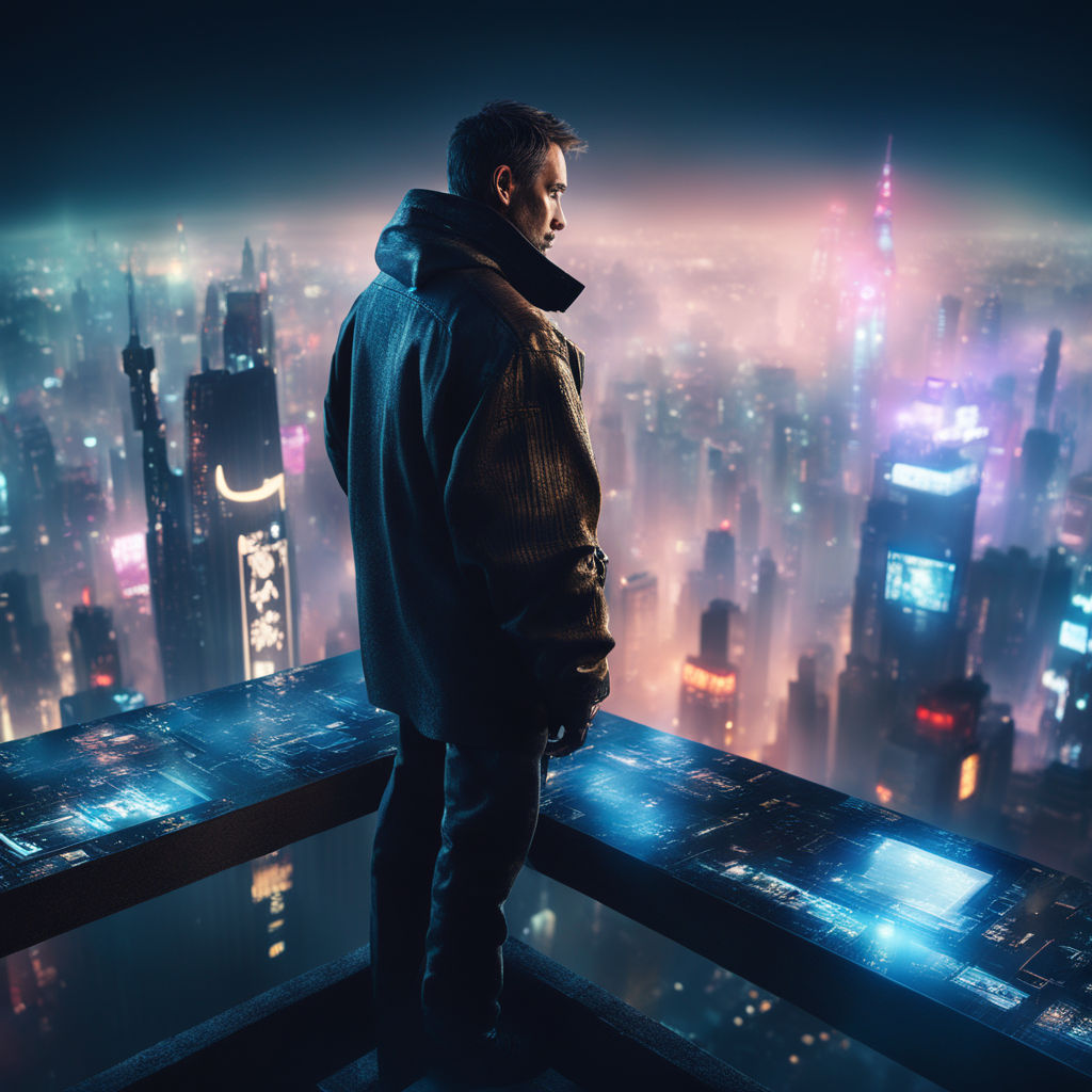 Create a stunning cinematic big anime wallpaper featuring a mesmerizing  futuristic cityscape with towering skyscrapers, vibrant neon lights  illuminating the bustling streets below, and an awe-inspiring anime  protagonist standing confidently at the