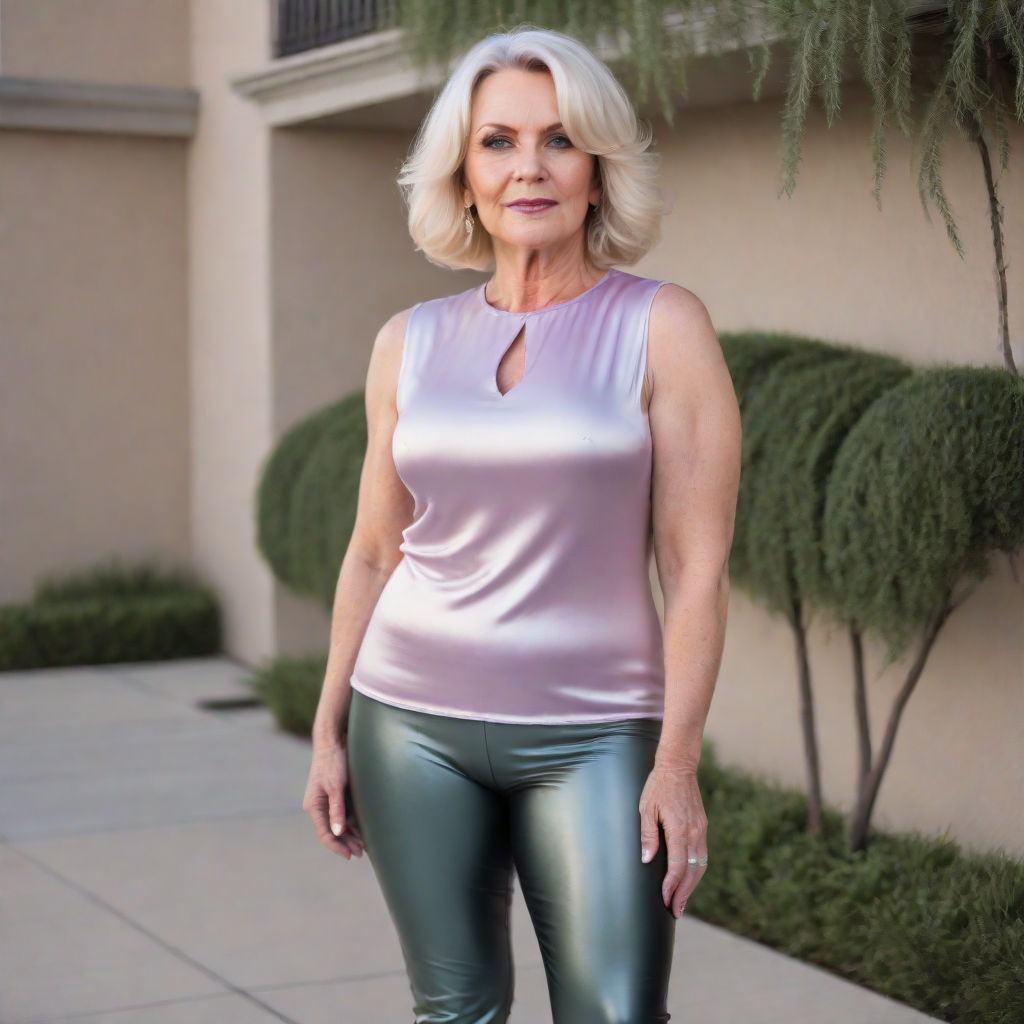 sexy 50 year old blonde woman walking down runway in sleeveless