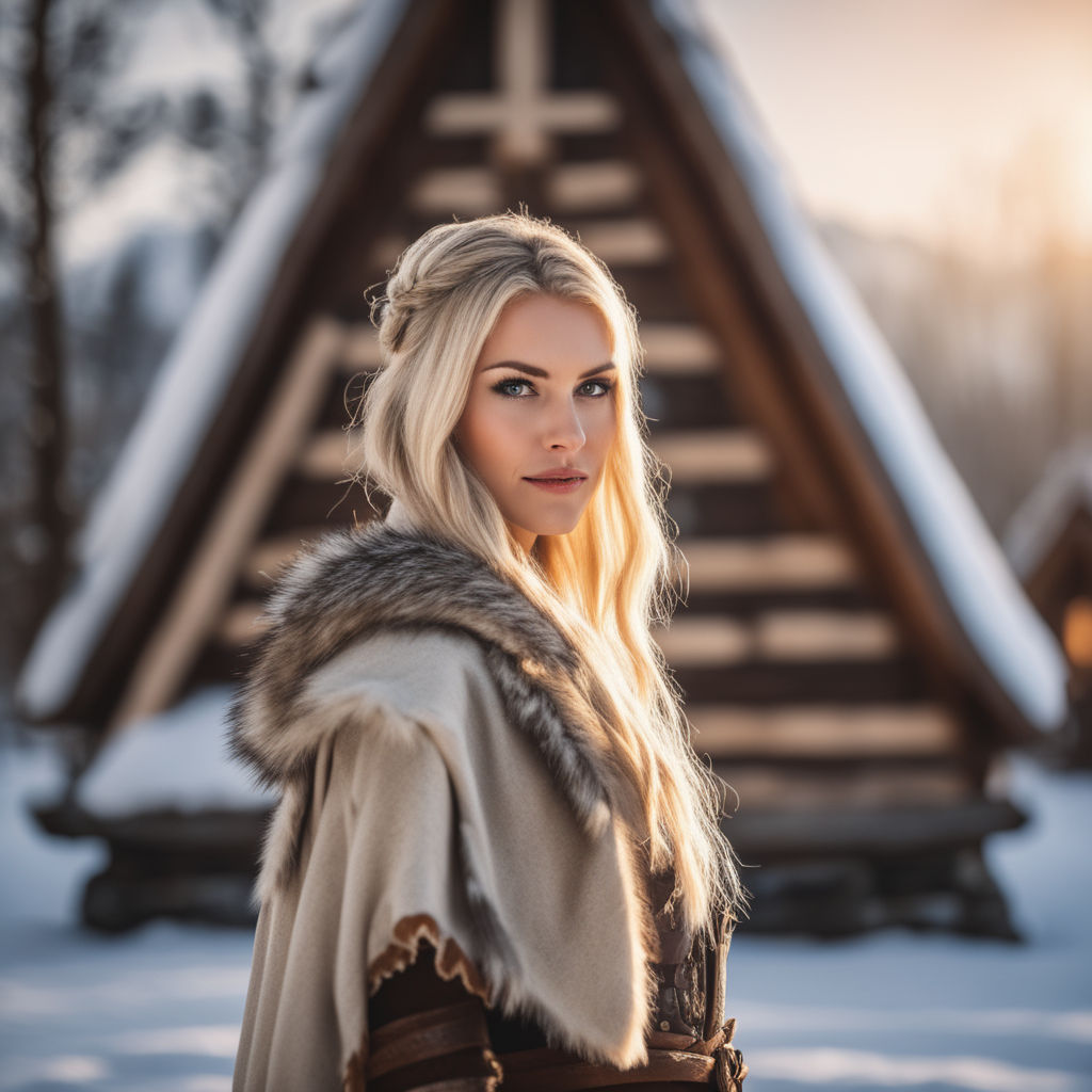 Viking princess, blonde hair, blue eyes, oval face, large breast 