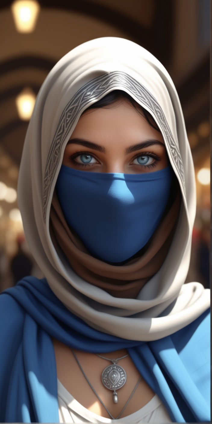 Girl,jojo bizare style,blue eyes, smile, green headscarf muslim