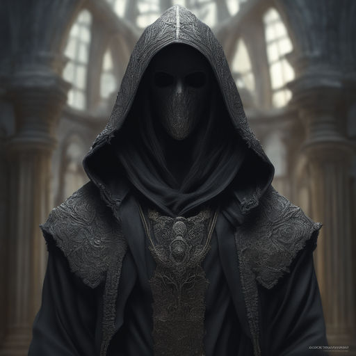 prompthunt: blind pale man, scarred face, dark hood, black robes, mystery,  fantasy, character, artwork, detailed