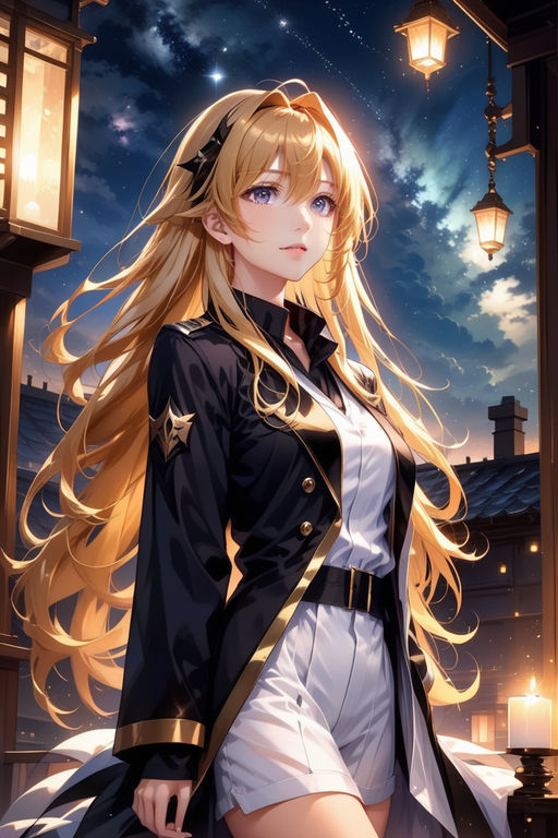 Female anime character, long blonde hair, blue eyes, arrogant, jeans, cool,  nonchalant, blue jacket, jeans, hair over 1 eye