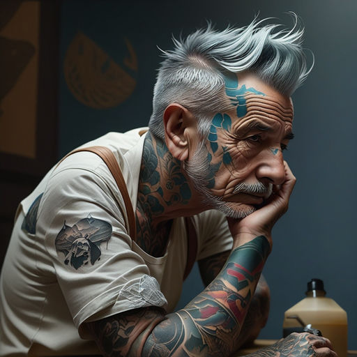 An elderly man with a full face tattoo.