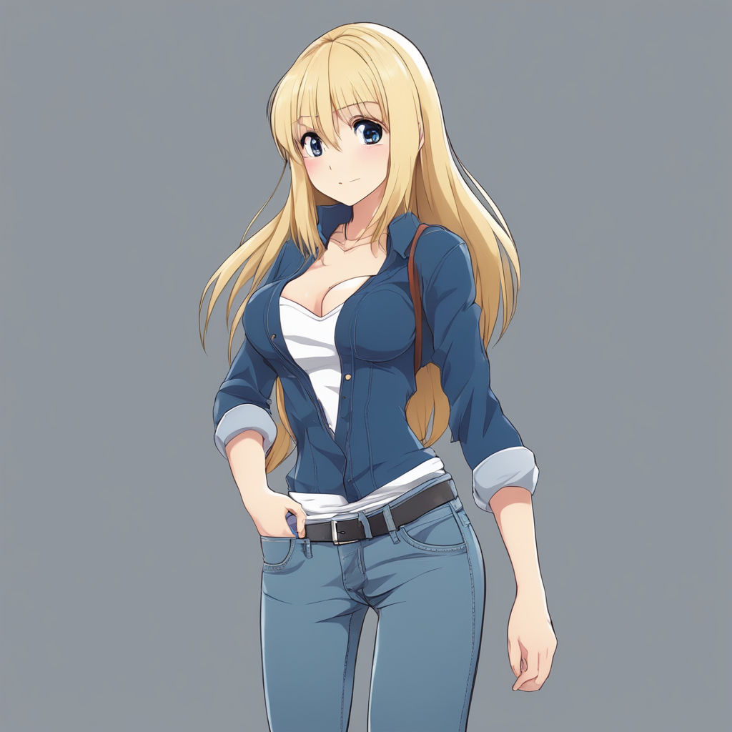 Female anime character, long blonde hair, blue eyes, arrogant, jeans, cool,  nonchalant, blue jacket, jeans, hair over 1 eye