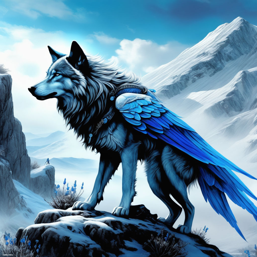 blue anime wolf with wings