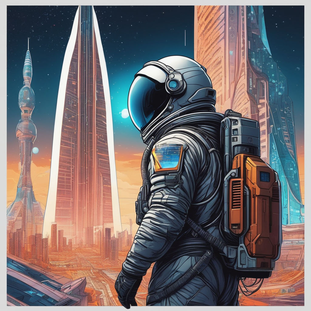 Synthwave spaceman gazing at vibrant space scene