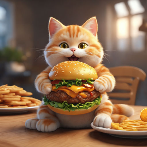 Cat munching on a hamburger