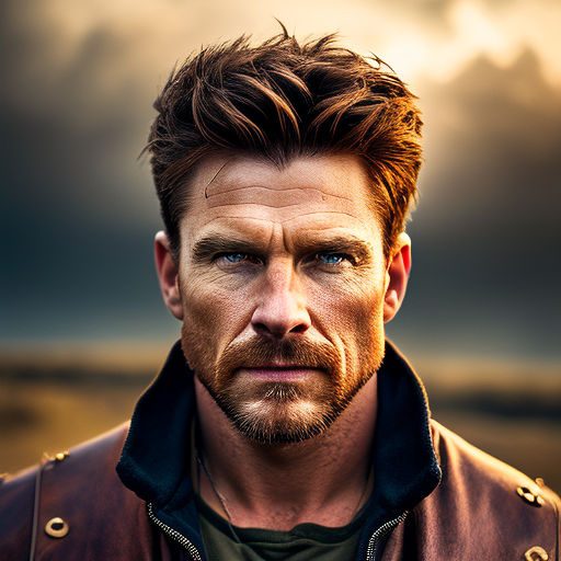 Man with dark medium hair cyberpunk mercenary streetwear muscular soldier  fighter tactical face portrait