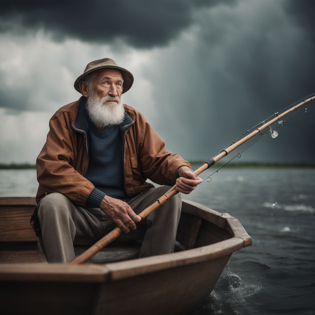 show both grandpa and boy at sea with fishing rods in small wooden