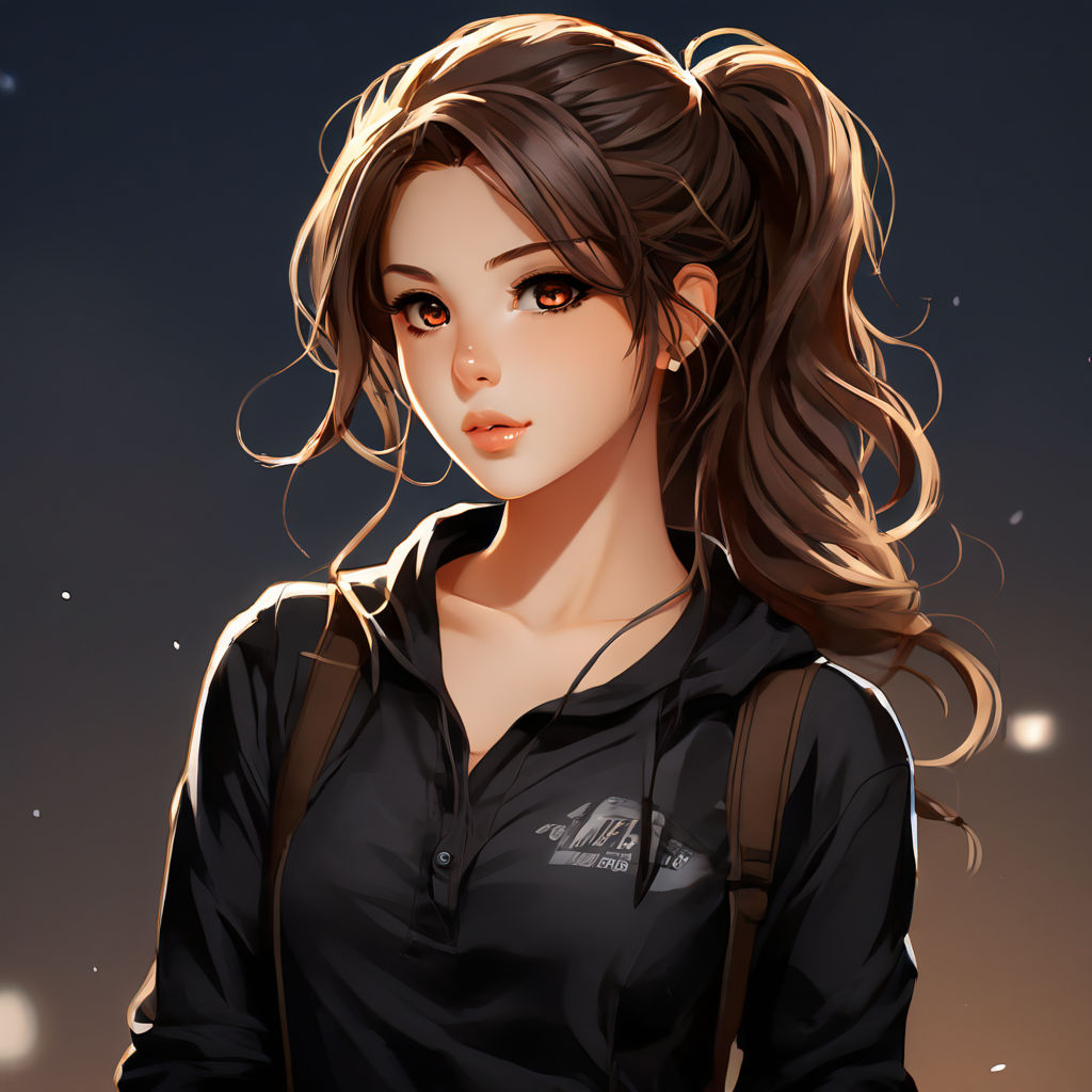 Anime girl with brown hair in a ponytail with a black shirt ... by ...