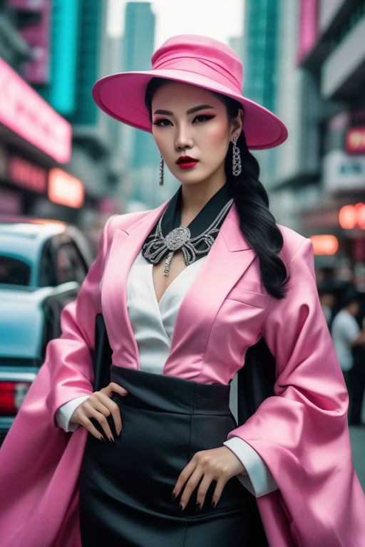fashionable model posing in a retro inspired fuchsia shade Outfit